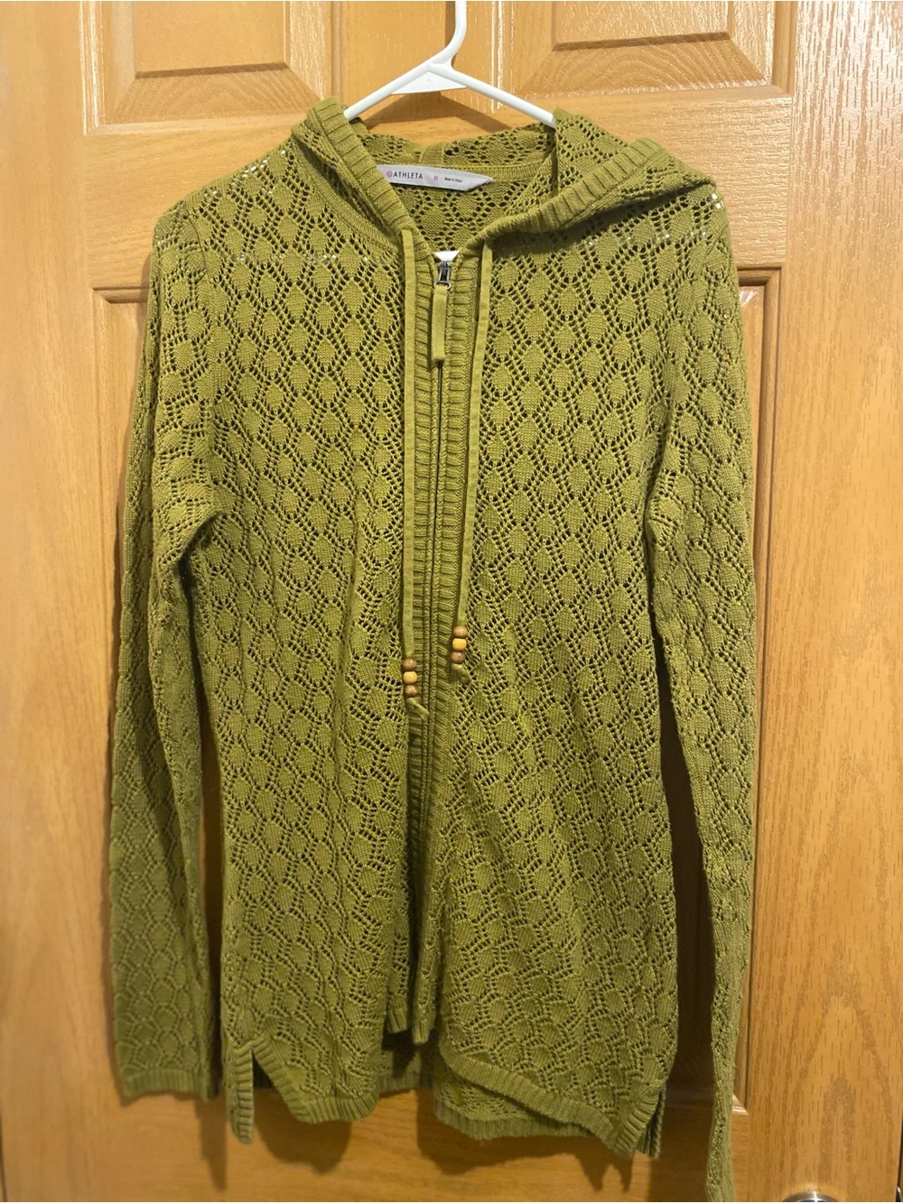 Athleta Olive Green Hooded Openwork Zip Cardigan